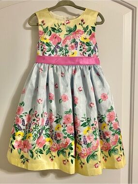 Nanette Kids Girls Sz 3T Yellow Floral Shantung Dress Pink Sash Tie Heart Cutout